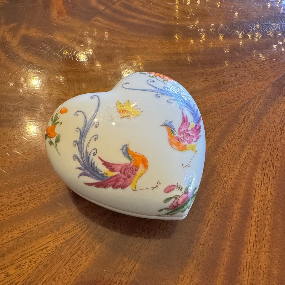 Chamart Limoges Heart-Shaped Trinket Box with Birds and Flowers